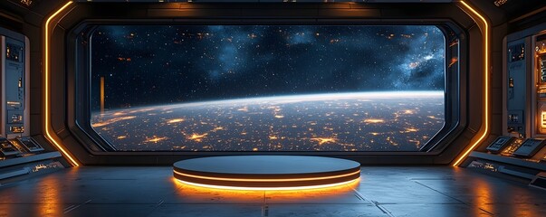 Poster - Futuristic Floating Podium in Orbiting Space Station Overlooking Earth