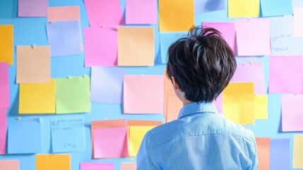 Poster - A person stands facing a colorful wall covered with sticky notes, suggesting brainstorming or organization.