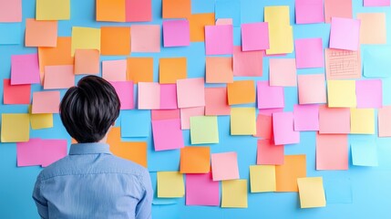 Poster - A person stands facing a colorful wall covered in sticky notes, reflecting creativity and brainstorming ideas in a vibrant workspace.