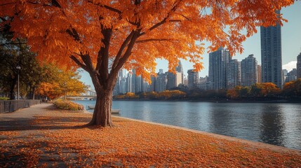 Wall Mural - tree with orange leaves by water
