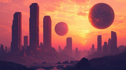 Poster - A futuristic city with a stunning sunset backdrop and oversized planets in a retro sci-fi inspired landscape