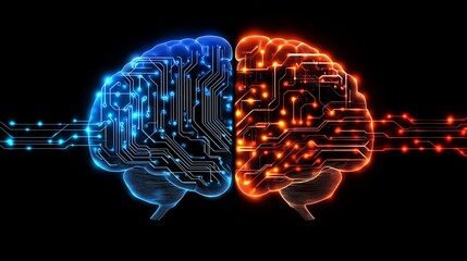 Poster - A glowing digital brain with neural links, representing AIdriven intelligent systems and advanced technology in a cybernetic, hightech world