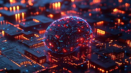 Poster - A glowing digital brain with neural links, representing AIdriven intelligent systems and advanced technology in a cybernetic, hightech world