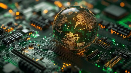 Poster - A glowing digital globe on a circuit board, representing the intersection of global digital networks and cuttingedge technological advancements