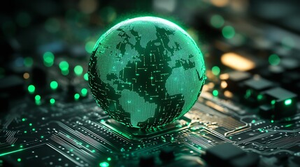 Poster - A glowing digital globe on a circuit board, representing the intersection of global digital networks and cuttingedge technological advancements