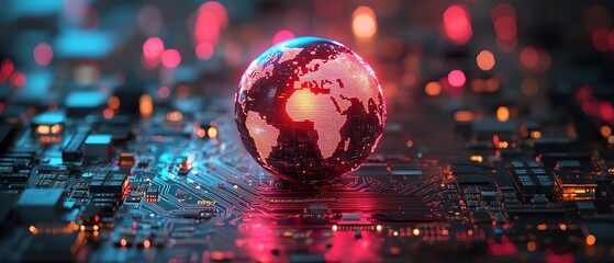 Poster - A radiant digital globe placed on a circuit board, symbolizing the connection between global digital networks and the future of technology
