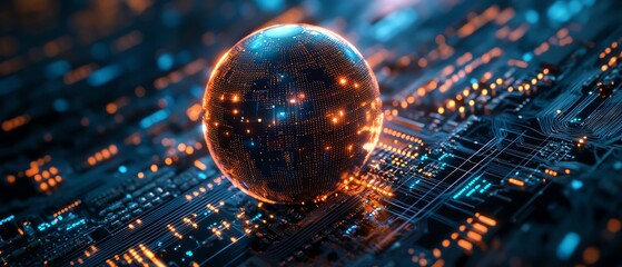 Poster - A radiant digital globe placed on a circuit board, symbolizing the connection between global digital networks and the future of technology