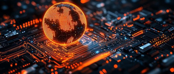 Poster - a radiant digital globe placed on a circuit board, symbolizing the connection between global digital