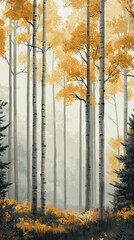 Poster - Misty forest scene with tall, slender trees and yellow foliage, creating a serene and peaceful atmosphere, showcasing autumnal tranquility and nature's beauty