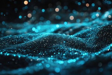 Poster - abstract digital landscape of teal glitter particles. a mesmerizing display of swirling, textured te
