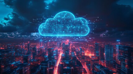 Poster - A glowing digital cloud above a futuristic cityscape