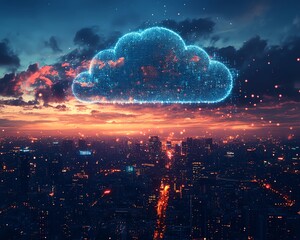Poster - Cityscape with a digital cloud overhead