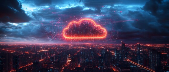 Poster - Cloud computing concept with a glowing digital cloud over a modern city, symbolizing data storage and technology infrastructure, with neon network lines connecting the city below