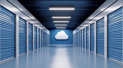 Poster - A modern storage facility featuring blue storage units and a cloud symbol, suggesting digital storage or cloud services.