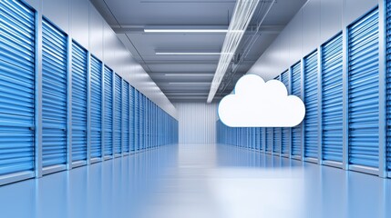 Poster - A modern storage facility featuring blue storage units and a cloud symbol, representing digital storage solutions.
