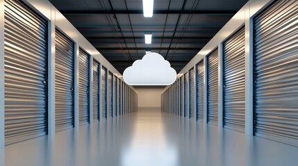 Poster - A modern storage facility featuring metallic rolling doors and a floating cloud, symbolizing digital storage or cloud computing.