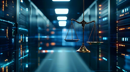 Poster - Golden Justice Scale Balanced Against Digital Server Room Background with Blue and Orange Lights