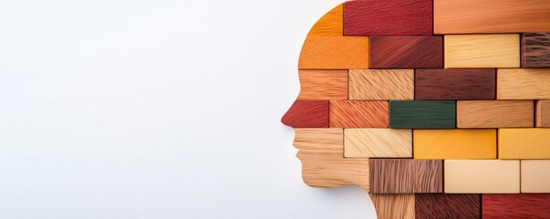 Poster - A colorful wooden profile silhouette representing thinking or creativity, made from various blocks arranged artfully.