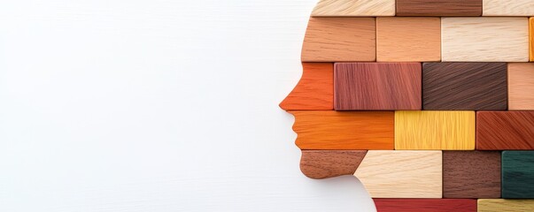 Poster - A colorful wooden mosaic shaped like a human profile, symbolizing creativity and individuality.