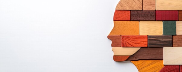 Poster - A colorful wooden puzzle forms a human profile, emphasizing creativity and individuality through vibrant, textured pieces.