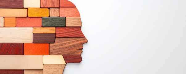 Poster - A creative representation of a human face made from various colored wooden blocks, showcasing abstract art and craftsmanship.
