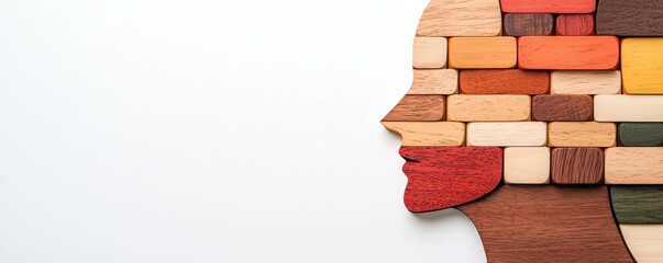 Poster - A creative representation of a face constructed from colorful wooden blocks, symbolizing individuality and artistic expression.