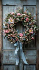 Poster - Fragrant blooms of pink and white grace a rustic wooden door, inviting positivity and warmth as delicate sunlight streams in, highlighting the wreath's intricate details and colors
