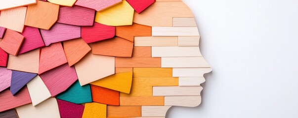 Poster - A colorful, abstract representation of a human face created from various wooden pieces, symbolizing creativity and diversity.