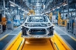 Modern car manufacturing facility showcasing assembly line with partially assembled vehicle. high tech environment features advanced machinery and organized workstations, emphasizing efficiency