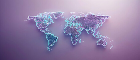 Poster - Abstract World Map With Glowing Dots In Purple And Blue On Purple Background Representing Global Connection And Modern Data
