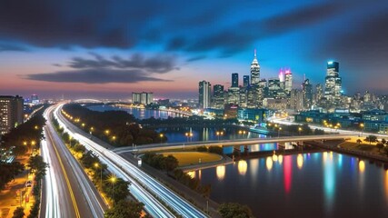 Poster - Beautiful Cityscape at Dusk With Vibrant Skyline and Illuminated Road Background