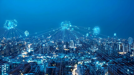 Poster - Abstract Blue Cityscape Network Illuminated Connections Representing Digital Data Communication