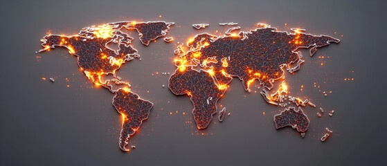 Poster - Glowing Pixelated World Map On A Dark Gray Background With Orange And Red Light Illumination In Digital Style