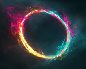 Poster - Luminous circular frame with teal and pink energy flows, creating a dynamic abstract design, ideal for a logo, banner, or presentation showcase