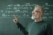 © Maria - confident male teacher gesturing toward chalkboard with equations written in background