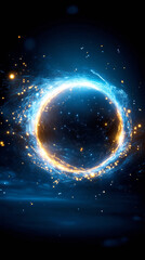 Poster - A vibrant energy circle radiates blue and orange light, surrounded by sparkling particles against a dark backdrop