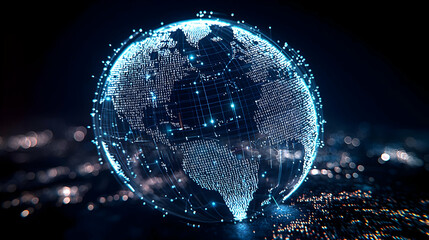 Poster - Digital Globe Depicting Network Connections In Blue Hues Illuminated Detail Over A Dark Background