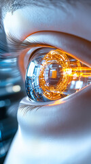 Poster - A close-up view reveals a cybernetic eye filled with glowing orange circuitry, reflecting a complex digital landscape, symbolizing advanced technology and innovation in the future