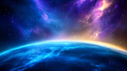 Wall Mural - A vibrant display of swirling colors fills the sky, showcasing an expansive view of a distant blue planet illuminated by radiant cosmic light