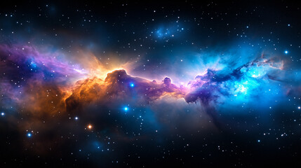Wall Mural - A stunning nebula displays a blend of orange, purple, and blue gases illuminated by countless stars. This mesmerizing view captures the beauty of deep space and the mysteries of the cosmos