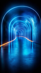 Poster - A captivating tunnel showcases glowing blue neon lights along its curved walls, creating an immersive atmosphere. The reflections on the smooth floor add to the enchanting visual experience