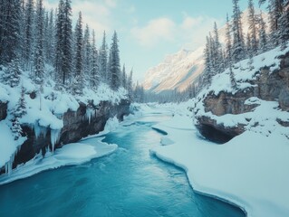 Wall Mural - river flowing through snowy forest