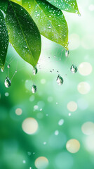 Wall Mural - freshwater droplets cling to bright green leaves, illuminated by soft sunlight filtering through the