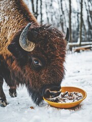 Wall Mural - bison eating from bowl in snowy landscape