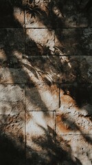 Poster - Sunlight filters through leaves, casting intricate shadows on the weathered stone wall. Natural textures and patterns create a serene atmosphere, blending earth and light in harmony