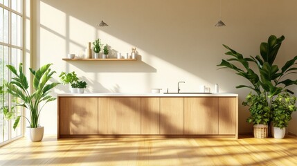 Poster - Warm sunlight filters through large windows, casting gentle light across a minimalist kitchen
