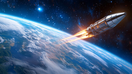 Wall Mural - a rocket ascends from earth, emitting bright flames as it pierces the atmosphere. the view reveals t