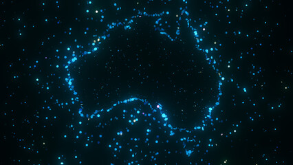 Wall Mural - futuristic digital artwork of glowing starry particles forming the map of australia. the abstract do