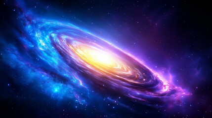 Wall Mural - A mesmerizing spiral galaxy shines brightly in a vast universe filled with deep blues and purples. The luminous core radiates energy, surrounded by swirling stardust and cosmic clouds