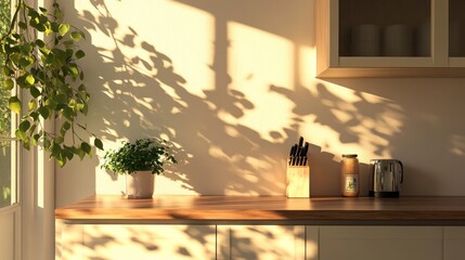 Poster - Warm morning light streams into a charming kitchen, casting shadows from leafy plants onto a wooden countertop, creating a peaceful and inviting ambiance filled with nature